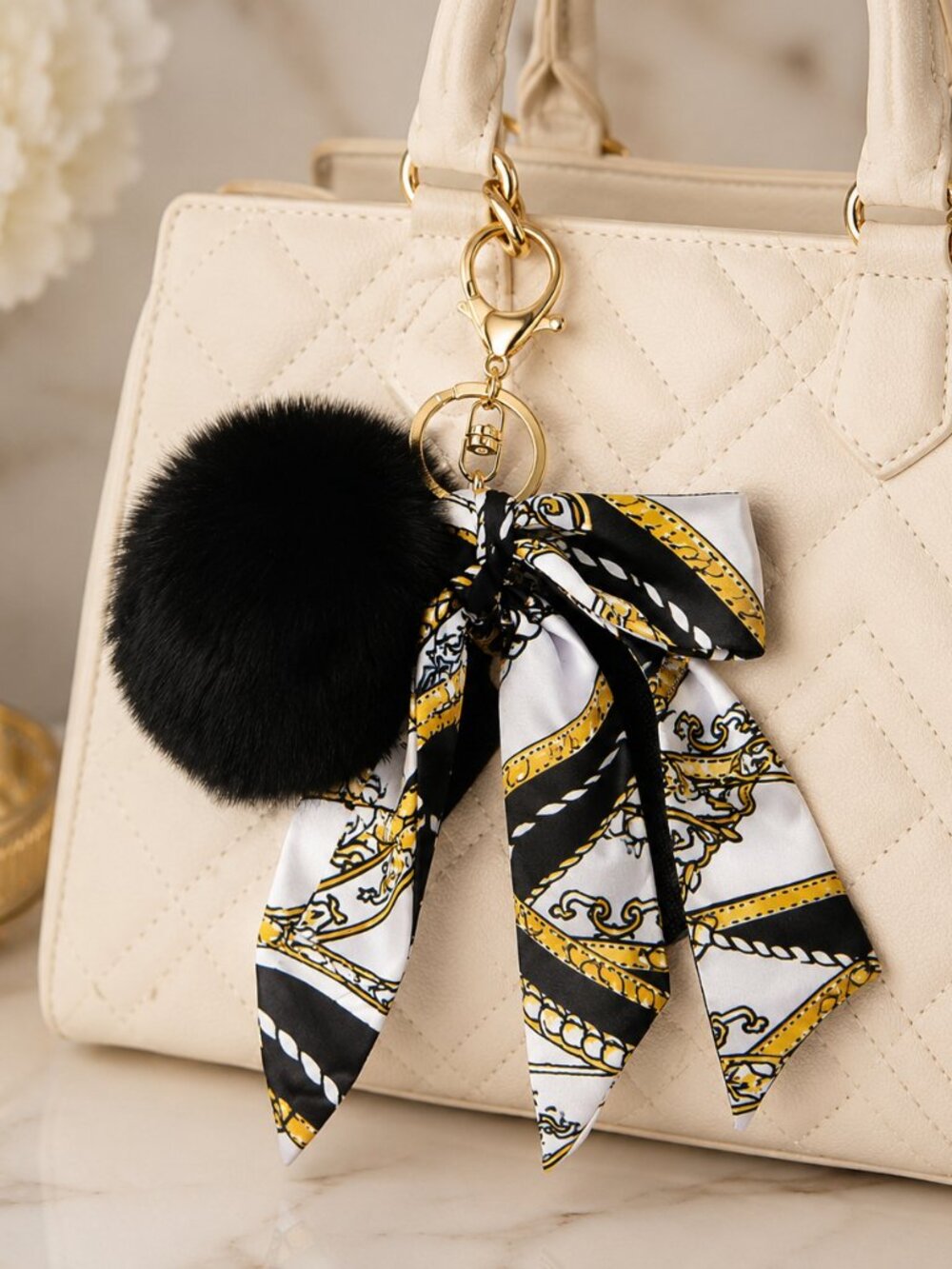 Black Gold Purse Charm Pom Pom Bag Charm Scarf Bow Keychain Designer Inspired